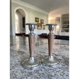 IANTHE Pat PDG Made in England Faux Wood & Silver Plate Candle Holders